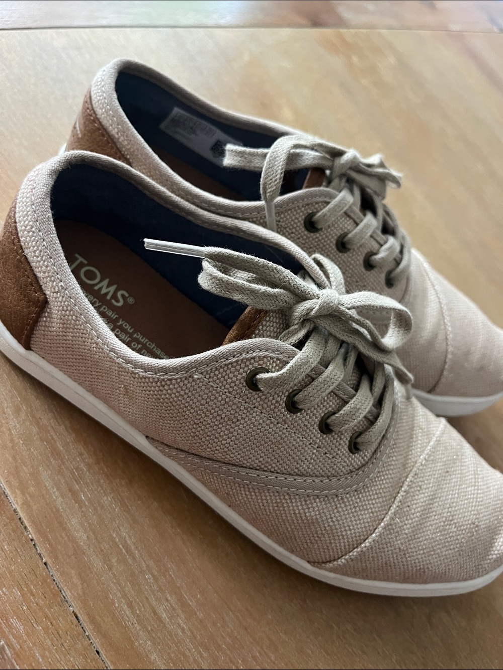 Toms Beige Canvas Lace-Up Sneakers with Brown Heel Patch